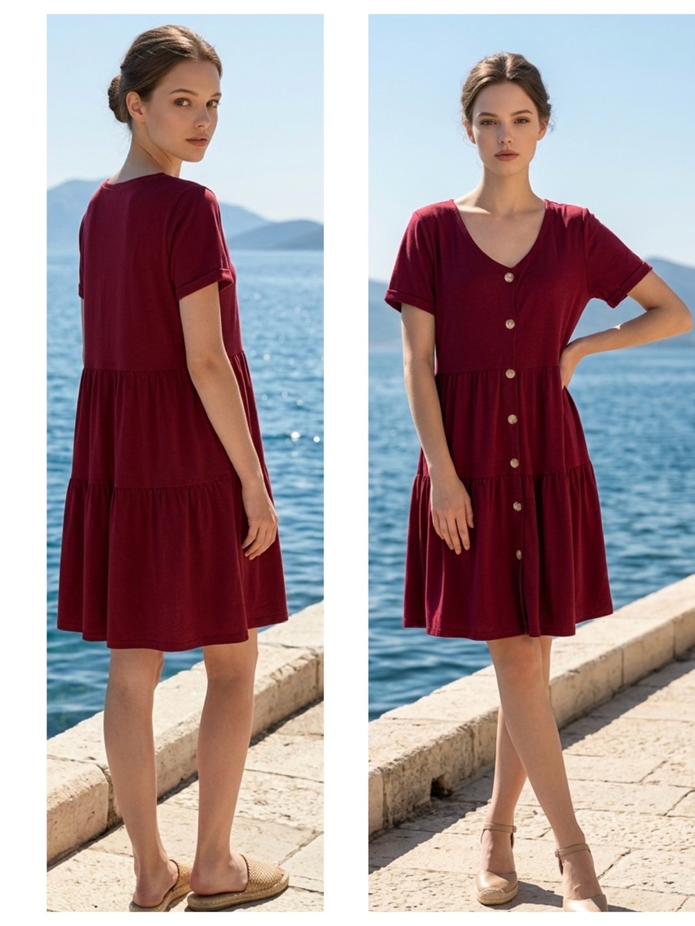 Aifer Women’s Sz L  V-Neck Button Front Tiered Babydoll Dress cuff short sleeve